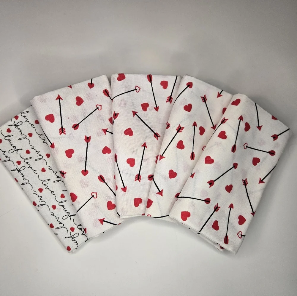 Valentine's Day Hearts Arrows Fabric Fat Quarters Set Of 5 100% Cotton